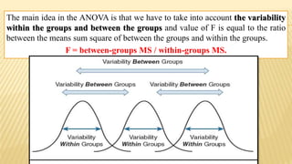 The main idea in the ANOVA is that we have to take into account the variability
within the groups and between the groups and value of F is equal to the ratio
between the means sum square of between the groups and within the groups.
F = between-groups MS / within-groups MS.
 
