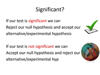 Significant?
If our test is significant we can
Reject our null hypothesis and accept our
alternative/experimental hypothesis

If our test is not significant we can
Accept our null hypothesis and reject our
alternative/experimental hyp
 