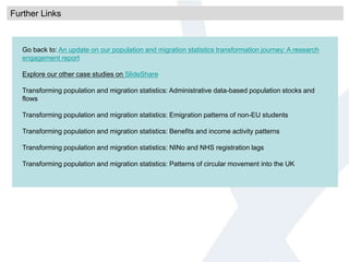 Further Links
Go back to: An update on our population and migration statistics transformation journey: A research
engagement report
Explore our other case studies on SlideShare
Transforming population and migration statistics: Administrative data-based population stocks and
flows
Transforming population and migration statistics: Emigration patterns of non-EU students
Transforming population and migration statistics: Benefits and income activity patterns
Transforming population and migration statistics: NINo and NHS registration lags
Transforming population and migration statistics: Patterns of circular movement into the UK
 