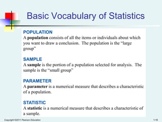 Basic Vocabulary of Statistics
POPULATION
A population consists of all the items or individuals about which
you want to draw a conclusion. The population is the “large
group”
SAMPLE
A sample is the portion of a population selected for analysis. The
sample is the “small group”
PARAMETER
A parameter is a numerical measure that describes a characteristic
of a population.
STATISTIC
A statistic is a numerical measure that describes a characteristic of
a sample.
Copyright ©2011 Pearson Education

1-10

 