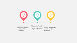 OUTLINE: What is
statistics/Bio-
statistics?
What are the broad
types of Statistics?
How is statistics/Bio-
statistics used in
healthcare.
 