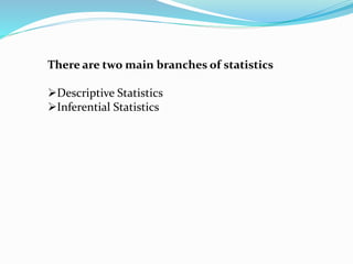 There are two main branches of statistics
Descriptive Statistics
Inferential Statistics
 
