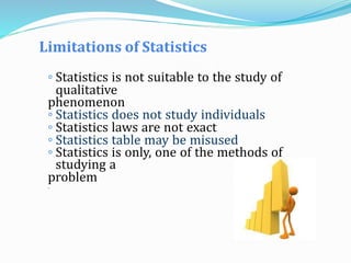 Limitations of Statistics
◦ Statistics is not suitable to the study of
qualitative
phenomenon
◦ Statistics does not study individuals
◦ Statistics laws are not exact
◦ Statistics table may be misused
◦ Statistics is only, one of the methods of
studying a
problem
◦
 