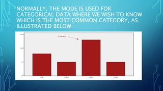 NORMALLY, THE MODE IS USED FOR
CATEGORICAL DATA WHERE WE WISH TO KNOW
WHICH IS THE MOST COMMON CATEGORY, AS
ILLUSTRATED BELOW:
 