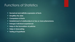 Functions of Statistics
 Numerical and definite expression of facts
 Simplifies the data
 Comparison of facts
 Establishment of relationship b/w two or more phenomena.
 Enlarges individual experiences
 Helps in the formulation of policies
 Helps in forecasting
 Testing of hypothesis
 