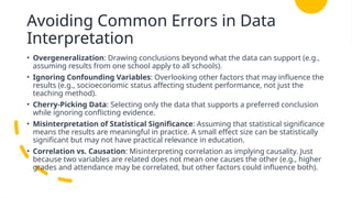 Avoiding Common Errors in Data
Interpretation
• Overgeneralization: Drawing conclusions beyond what the data can support (e.g.,
assuming results from one school apply to all schools).
• Ignoring Confounding Variables: Overlooking other factors that may influence the
results (e.g., socioeconomic status affecting student performance, not just the
teaching method).
• Cherry-Picking Data: Selecting only the data that supports a preferred conclusion
while ignoring conflicting evidence.
• Misinterpretation of Statistical Significance: Assuming that statistical significance
means the results are meaningful in practice. A small effect size can be statistically
significant but may not have practical relevance in education.
• Correlation vs. Causation: Misinterpreting correlation as implying causality. Just
because two variables are related does not mean one causes the other (e.g., higher
grades and attendance may be correlated, but other factors could influence both).
 