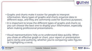 • Graphs and charts make it easier for people to interpret
information. Many types of graphs and charts organize data in
different ways, and they are commonly used for business purposes.
• It is important to know the different types of graphs and charts so
you can choose the best one to display your information, especially
when making professional presentations.
• Visual representations help us to understand data quickly. When
you show an effective graph or chart, your report or presentation
gains clarity and authority, whether you're comparing sales figures
or highlighting a trend.
 
