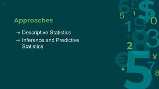 Approaches
⊸ Descriptive Statistics
⊸ Inference and Predictive
Statistics
8
 