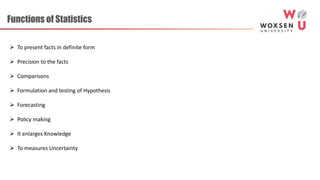 Functions of Statistics
 To present facts in definite form
 Precision to the facts
 Comparisons
 Formulation and testing of Hypothesis
 Forecasting
 Policy making
 It enlarges Knowledge
 To measures Uncertainty
 