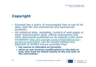 Copyright
• Eurostat has a policy of encouraging free re-use of its
data, both for non-commercial and commercial
purposes.
• All statistical data, metadata, content of web pages or
other dissemination tools, official publications and
other documents published on its website (with some
exceptions http://ec.europa.eu/eurostat/about/our-
partners/copyright), can be reused without any
payment or written licence provided that:
• the source is indicated as Eurostat;
• when re-use involves modifications to the data or
text, this must be stated clearly to the end user of
the information.
EU Workshop on Migration Data,
Ispra, 10 November 2016
G. Lanzieri: Migration Statistics in Eurostat21
 