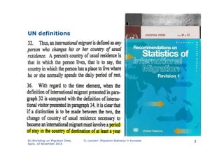 UN definitions
EU Workshop on Migration Data,
Ispra, 10 November 2016
G. Lanzieri: Migration Statistics in Eurostat 3
 