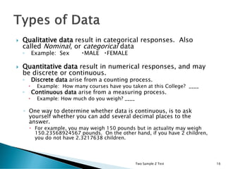  Qualitative data result in categorical responses. Also
called Nominal, or categorical data
◦ Example: Sex MALE FEMALE
 Quantitative data result in numerical responses, and may
be discrete or continuous.
◦ Discrete data arise from a counting process.
 Example: How many courses have you taken at this College? ____
◦ Continuous data arise from a measuring process.
 Example: How much do you weigh? ____
◦ One way to determine whether data is continuous, is to ask
yourself whether you can add several decimal places to the
answer.
 For example, you may weigh 150 pounds but in actuality may weigh
150.23568924567 pounds. On the other hand, if you have 2 children,
you do not have 2.3217638 children.
Two Sample Z Test 16
 