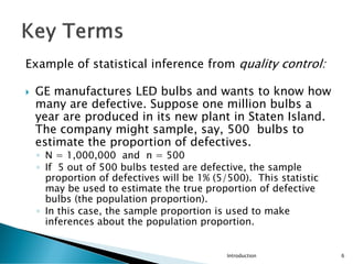 Example of statistical inference from quality control:
 GE manufactures LED bulbs and wants to know how
many are defective. Suppose one million bulbs a
year are produced in its new plant in Staten Island.
The company might sample, say, 500 bulbs to
estimate the proportion of defectives.
◦ N = 1,000,000 and n = 500
◦ If 5 out of 500 bulbs tested are defective, the sample
proportion of defectives will be 1% (5/500). This statistic
may be used to estimate the true proportion of defective
bulbs (the population proportion).
◦ In this case, the sample proportion is used to make
inferences about the population proportion.
Introduction 6
 