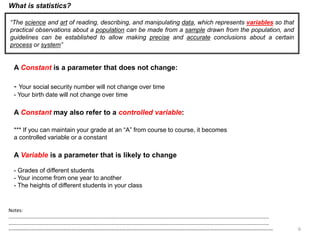 6
What is statistics?
“The science and art of reading, describing, and manipulating data, which represents variables so that
practical observations about a population can be made from a sample drawn from the population, and
guidelines can be established to allow making precise and accurate conclusions about a certain
process or system”
A Constant is a parameter that does not change:
- Your social security number will not change over time
- Your birth date will not change over time
A Constant may also refer to a controlled variable:
*** If you can maintain your grade at an “A” from course to course, it becomes
a controlled variable or a constant
A Variable is a parameter that is likely to change
- Grades of different students
- Your income from one year to another
- The heights of different students in your class
Notes:
……………………………………………………………………………………………………………………………………………………………………………………………
……………………………………………………………………………………………………………………………………………………………………………………………
--------------------------------------------------------------------------------------------------------------------------------------------------------------------
 