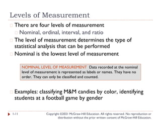Levels of Measurement
Copyright ©2021 McGraw-Hill Education. All rights reserved. No reproduction or
distribution without the prior written consent of McGraw-Hill Education.
� There are four levels of measurement
� Nominal, ordinal, interval, and ratio
� The level of measurement determines the type of
statistical analysis that can be performed
� Nominal is the lowest level of measurement
� Examples: classifying M&M candies by color, identifying
students at a football game by gender
1-11
NOMINAL LEVEL OF MEASUREMENT Data recorded at the nominal
level of measurement is represented as labels or names. They have no
order. They can only be classified and counted.
 