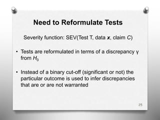 Need to Reformulate Tests
Severity function: SEV(Test T, data x, claim C)
• Tests are reformulated in terms of a discrepancy γ
from H0
• Instead of a binary cut-off (significant or not) the
particular outcome is used to infer discrepancies
that are or are not warranted
25
 