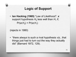 Logic of Support
• Ian Hacking (1965) “Law of Likelihood”: x
support hypothesis H0 less well than H1 if,
Pr(x;H0) < Pr(x;H1)
(rejects in 1980)
• “there always is such a rival hypothesis viz., that
things just had to turn out the way they actually
did” (Barnard 1972, 129).
36
 