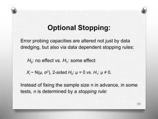 Optional Stopping:
Error probing capacities are altered not just by data
dredging, but also via data dependent stopping rules:
H0: no effect vs. H1: some effect
Xi ~ N(μ, σ2), 2-sided H0: μ = 0 vs. H1: μ ≠ 0.
Instead of fixing the sample size n in advance, in some
tests, n is determined by a stopping rule:
39
 