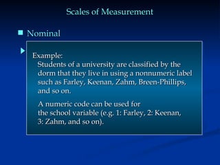 Example:
Example:
Students of a university are classified by the
Students of a university are classified by the
dorm that they live in using a nonnumeric label
dorm that they live in using a nonnumeric label
such as Farley, Keenan, Zahm, Breen-Phillips,
such as Farley, Keenan, Zahm, Breen-Phillips,
and so on.
and so on.
A numeric code can be used for
A numeric code can be used for
the school variable (e.g. 1: Farley, 2: Keenan,
the school variable (e.g. 1: Farley, 2: Keenan,
3: Zahm, and so on).
3: Zahm, and so on).
Scales of Measurement
Scales of Measurement
 Nominal
Nominal
 