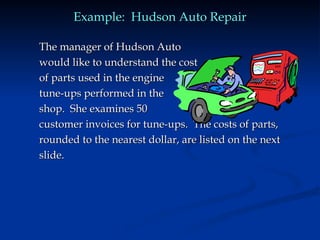 Example: Hudson Auto Repair
Example: Hudson Auto Repair
The manager of Hudson Auto
The manager of Hudson Auto
would like to understand the cost
would like to understand the cost
of parts used in the engine
of parts used in the engine
tune-ups performed in the
tune-ups performed in the
shop. She examines 50
shop. She examines 50
customer invoices for tune-ups. The costs of parts,
customer invoices for tune-ups. The costs of parts,
rounded to the nearest dollar, are listed on the next
rounded to the nearest dollar, are listed on the next
slide.
slide.
 