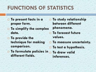 FUNCTIONS OF STATISTICS
 To present facts in a
proper form.
 To simplify the complex
data.
 To provide the
technique for making
comparison.
 To formulate policies in
different fields.
 To study relationship
between different
phenomena.
 To forecast future
values.
 To measure uncertainty.
 To test a hypothesis.
 To draw valid
inferences.
 