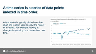 12
A time series is a series of data points
indexed in time order.
A time series is typically plotted on a line
chart and is often used to show the history
of a subject. For example, looking at
changes in spending on a certain item over
time.
 