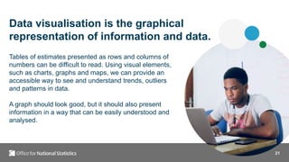 21
Data visualisation is the graphical
representation of information and data.
Tables of estimates presented as rows and columns of
numbers can be difficult to read. Using visual elements,
such as charts, graphs and maps, we can provide an
accessible way to see and understand trends, outliers
and patterns in data.
A graph should look good, but it should also present
information in a way that can be easily understood and
analysed.
 