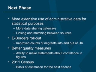 Next Phase More extensive use of administrative data for statistical purposes More data sharing gateways Linking and matching between sources E-Borders roll-out Improved counts of migrants into and out of UK Better quality measures Ability to make statements about confidence in figures 2011 Census Basis of estimation for the next decade 