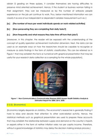 4 | P a g e C h a p t e r 1 : T h e I n t r o d u c t i o n O f S t a t i s t i c s
obtain D grading on three quizzes, it consider themselves are having difficulties to
preserve mind oriented achievement. Hence, if the student or business woman failing in
their assignment, they can be measured as by the number of setbacks people
experience on the job yet continue to work. Thus, below mentioned information we can
classify it as one of our independent or dependent variable measurement such as:-]
[a.] [The number of hours per week individuals spends on work-related activities]
[b.] [How persevering they are completing their daily tasks?]
[c.] [How frequently and what reasons they take time off from their jobs?]
[Moreover, in this chapter, the reader will be exposed with the understanding of the
concept of quality operation achievement motivation dimension. Next, the data can be
used as an example ways on how the researchers should be capable to recognize or
measure as data findings in the form of statistic classification. This can be referred as in
Figure 1 that may establish the facts or numerical with graphical presentation that may be
useful for your research data collection as a sampling for the whole population].
Figure 1 : Non-Communicable & Communicable Diseases WHO Human Health Statistics Analysis &
Estimation Report For 2004, 2015, 2030
[1.2.2] [Economics]
[Economics largely depends on statistics. The economist’s researcher is generally finding it
hard to relax and devote their attention to other work-related activity. Hence, the
statistical methods such as graphical presentation are used to prepare these accounts
that may establish the relationship between supply and demand on the country’s imports
or exports either in the form of neither inflation rates nor per capita income. Therefore,
without a good knowledge of statistics may delay the decision making analysis process.]
 