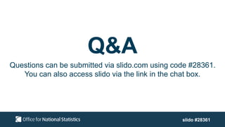 Q&A
Questions can be submitted via slido.com using code #28361.
You can also access slido via the link in the chat box.
slido #28361
 