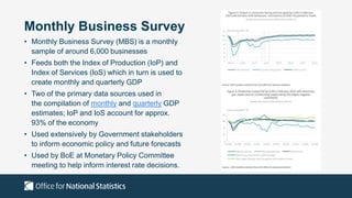 Monthly Business Survey
• Monthly Business Survey (MBS) is a monthly
sample of around 6,000 businesses
• Feeds both the Index of Production (IoP) and
Index of Services (IoS) which in turn is used to
create monthly and quarterly GDP
• Two of the primary data sources used in
the compilation of monthly and quarterly GDP
estimates; IoP and IoS account for approx.
93% of the economy
• Used extensively by Government stakeholders
to inform economic policy and future forecasts
• Used by BoE at Monetary Policy Committee
meeting to help inform interest rate decisions.
 