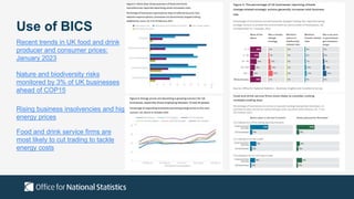 Use of BICS
Recent trends in UK food and drink
producer and consumer prices:
January 2023
Nature and biodiversity risks
monitored by 3% of UK businesses
ahead of COP15
Rising business insolvencies and high
energy prices
Food and drink service firms are
most likely to cut trading to tackle
energy costs
 