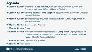 Agenda
10:00am to 10:05am Welcome – Abbe Williams, Assistant Deputy Director, Surveys and
Economic Indicators, Office for National Statistics
10:05am to 10:15am Opening address – Mike Keoghan, deputy National Statistician, Office for
National Statistics
10:15am to 10:45am Business survey data, their statistics and uses – Jon Gough, Office for
National Statistics
10:45am to 11:00am Questions and Answers
11:00am to 11:10am Break
11:10am to 11:40am Transformation of business statistics – Craig Taylor, Deputy Director for
Business Statistics Transformation, Office for National Statistics and Beck
Keane, Office for National Statistics
11:40am to 11:55am Questions and Answers
11:55am to 12:05pm Break
slido #28361
 