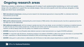 Ongoing research areas
While focus remains on delivering our challenging work for phase 2 work (predominantly transitioning our end to end system
design onto new platforms to support the new sample design), there are some specific work that continues alongside, to help
shape and inform future workstreams:
• R&D international comparisons- carrying out some research into international approaches to measuring R&D, to understand what future
improvements can be made
• R&D back series development
• R&D and the national accounts- understanding the current inclusion of R&D activity in the national accounts, how this is captured and how the
new R&D work can be implemented
• R&D additional analytical work- with the increase in sample size due to the new design, we are committed to increasing our analytical resource
to make the best use of the existing sample size. It’s likely this work will be used for internal purposes, including refining future surveys and
methods, as well as helping make sure the quality of our statistics can be maintained
• GOVERD- learning from the one-off baseline data collection exercise to make improvements to our regular GOVERD publication
• GOVERD- In conjunction with GO-Science, developing questions to be added to GOVERD to collect more granular information on purchased R&D
by region, expenditure on Official Development Assistance (ODA) and technology areas i.e Artificial Intelligence
• GOVERD- taking part in a pilot scheme in collaboration with GO-Science to help better prepare departments to complete GOVERD returns
 