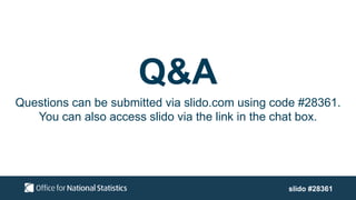 Q&A
Questions can be submitted via slido.com using code #28361.
You can also access slido via the link in the chat box.
slido #28361
 