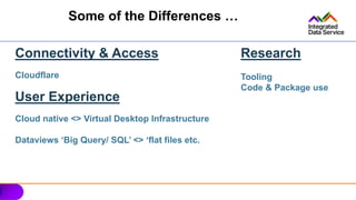 Some of the Differences …
Connectivity & Access
Cloudflare
User Experience
Cloud native <> Virtual Desktop Infrastructure
Dataviews ‘Big Query/ SQL’ <> ‘flat files etc.
Research
Tooling
Code & Package use
 