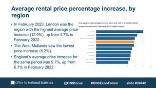 Average rental price percentage increase, by
region
• In February 2023, London was the
region with the highest average price
increase (12.0%), up from 4.7% in
February 2022.
• The West Midlands saw the lowest
price increase (8.2%).
• England’s average price increase for
the same period was 9.7%, up from
6.7% in February 2022.
@ONSfocus #ONSEconForum slido #39642
 
