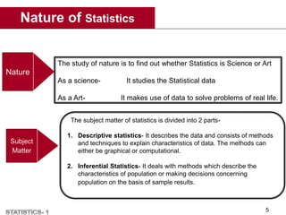 Nature of Statistics
5
Nature
The study of nature is to find out whether Statistics is Science or Art
As a science- It studies the Statistical data
As a Art- It makes use of data to solve problems of real life.
Subject
Matter
The subject matter of statistics is divided into 2 parts-
1. Descriptive statistics- It describes the data and consists of methods
and techniques to explain characteristics of data. The methods can
either be graphical or computational.
2. Inferential Statistics- It deals with methods which describe the
characteristics of population or making decisions concerning
population on the basis of sample results.
 