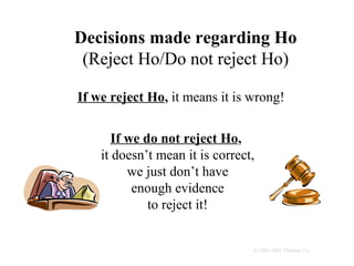 Decisions made regarding Ho
 (Reject Ho/Do not reject Ho)

If we reject Ho, it means it is wrong!


       If we do not reject Ho,
    it doesn’t mean it is correct,
          we just don’t have
           enough evidence
              to reject it!


                                 © 1984-1994 T/Maker Co.
 
