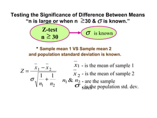 Testing the Significance of Difference Between Means
      “n is large or when n ≥ 30 & σ is known.”
           Z-test
                                σ   is known
           n ≥ 30
         • Sample mean 1 VS Sample mean 2
      and population standard deviation is known.


        x1 − x 2          x1 - is the mean of sample 1
   Z=                     x 2 - is the mean of sample 2
          1 1
      σ     +        n1 & n2 - are the sample
          n1 n2           σ - is the population std. dev.
                             sizes
 