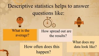 What does my
data look like?
How spread out are
the results?
What is the
average?
How often does this
happen?
Descriptive statistics helps to answer
questions like:
 