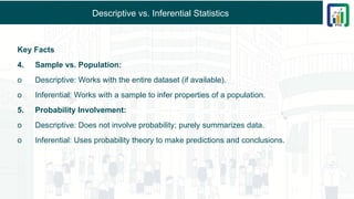 Descriptive vs. Inferential Statistics
Key Facts
4. Sample vs. Population:
o Descriptive: Works with the entire dataset (if available).
o Inferential: Works with a sample to infer properties of a population.
5. Probability Involvement:
o Descriptive: Does not involve probability; purely summarizes data.
o Inferential: Uses probability theory to make predictions and conclusions.
 