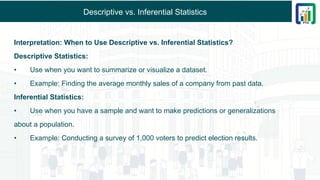 Descriptive vs. Inferential Statistics
Interpretation: When to Use Descriptive vs. Inferential Statistics?
Descriptive Statistics:
• Use when you want to summarize or visualize a dataset.
• Example: Finding the average monthly sales of a company from past data.
Inferential Statistics:
• Use when you have a sample and want to make predictions or generalizations
about a population.
• Example: Conducting a survey of 1,000 voters to predict election results.
 