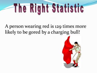 The Right StatisticA person wearing red is 129 times more likely to be gored by a charging bull!