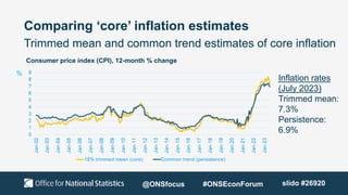 Comparing ‘core’ inflation estimates
Consumer price index (CPI), 12-month % change
%
Trimmed mean and common trend estimates of core inflation
Inflation rates
(July 2023)
Trimmed mean:
7.3%
Persistence:
6.9%
@ONSfocus #ONSEconForum slido #26920
 