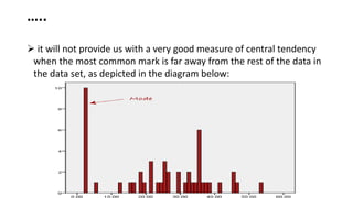 …..
 it will not provide us with a very good measure of central tendency
when the most common mark is far away from the rest of the data in
the data set, as depicted in the diagram below:
 