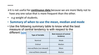 …..
It is not useful for continuous data because we are more likely not to
have any one value that is more frequent than the other.
• e.g weight of students.
• Summary of when to use the mean, median and mode
• Use the following summary table to know what the best
measure of central tendency is with respect to the
different types of variable.
Type of Variable
Best measure of central
tendency
Nominal Mode
Ordinal Median
Interval/Ratio (not skewed) Mean
Interval/Ratio (skewed) Median
 