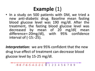 Example (1)
• In a study on 500 patients with DM, we tried a
new anti-diabetic drug. Baseline mean fasting
blood glucose level was 190 mg/dl. After the
treatment, the fasting blood glucose level was
decreased by mean of 20 mg/dl( mean
difference=-20mg/dl), with 95% confidence
interval of (-15:-25).
Interpretation: we are 95% confident that the new
drug true effect of treatment can decrease blood
glucose level by 15-25 mg/dl.
 