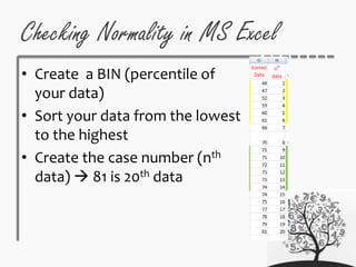 Checking Normality in MS Excel
• Create a BIN (percentile of
your data)
• Sort your data from the lowest
to the highest
• Create the case number (nth
data)  81 is 20th data
 
