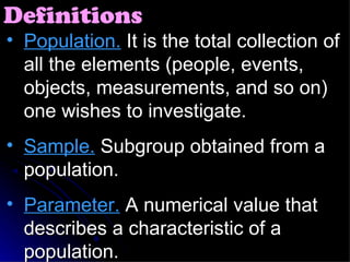 Population.  It is the total collection of all the elements (people, events, objects, measurements, and so on) one wishes to investigate. Sample.  Subgroup obtained from a population. Parameter.  A numerical value that describes a characteristic of a population. Definitions 